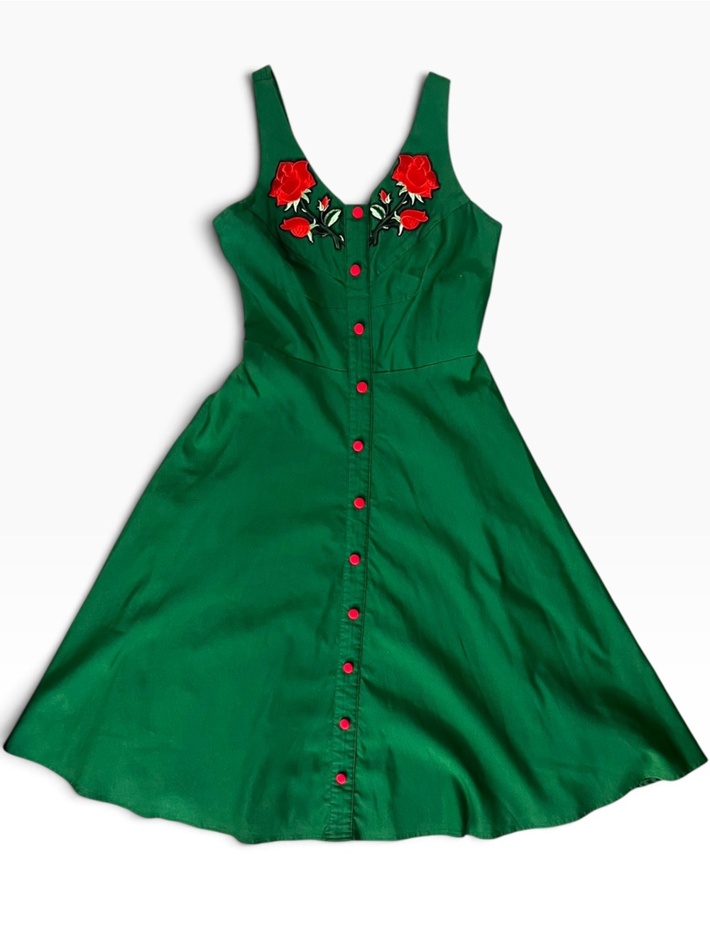Belle Poque Green Rose Fit & Flare Dress S Sun Dress Rockabilly Midi Swing Retro